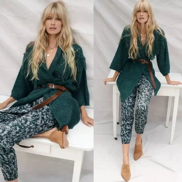 for Anthropologie Size OS Mottled Green Stevie Fringed Knit Kimono, EUC - Picture 13 of 13